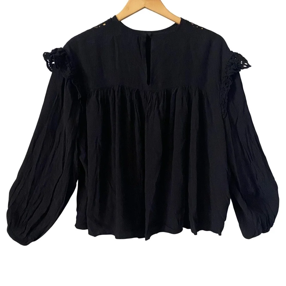 Zara Black Eyelet Lace Ruffle Blouse Long Sleeve Pleated Boho Top Womens Medium
